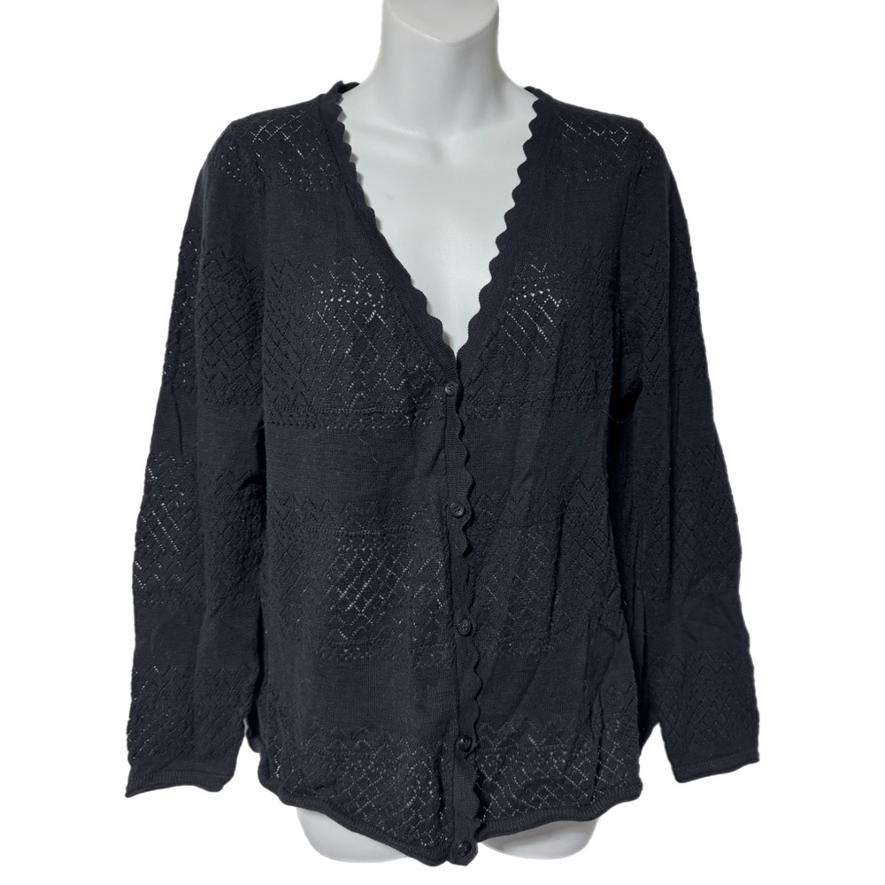 Frye Black Pointelle Open Knit Cotton Cardigan Sweater L Scalloped Edge